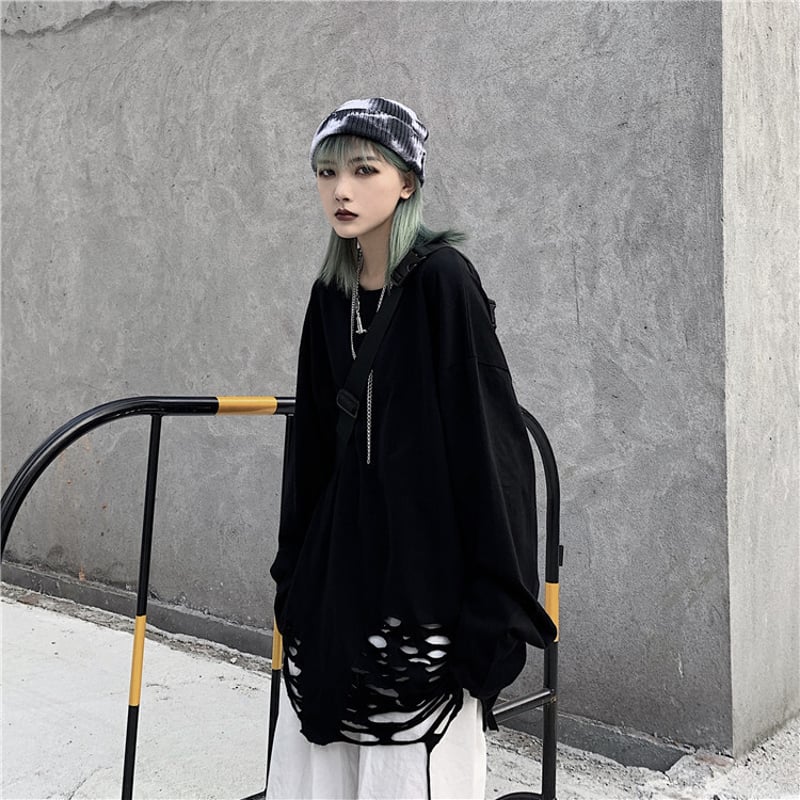 ユニセックス Tシャツ 長袖 ダメージ加工 無地 ロンT オーバーサイズ