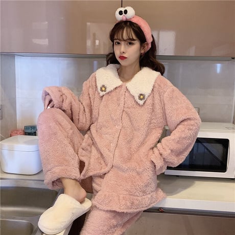 ルームウェア パジャマ セットアップ トップス + パンツ もこもこ 上下セット 長袖 厚手 韓国ファッション レディース フリース ガーリー レトロ 629614343345