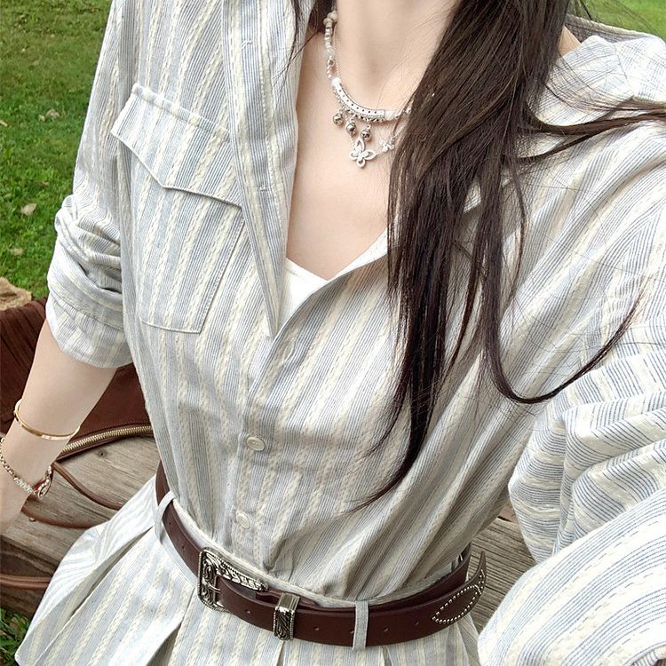 シャツワンピース ストライプ柄 ベルト付き プリーツ Aライン