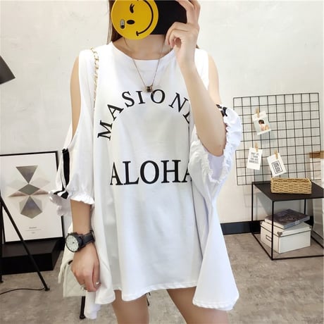 レディース ゆったり 肩出し 肩開き Tシャツ 半袖 チュニック オフショルダー 韓国ファッション オルチャン (DCT-676336915183)
