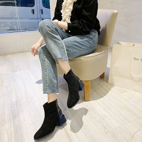 ショートブーツ チャンキーヒール 22.5～25.0cm バックジップ 歩きやすい 履きやすい レディース ブーツ おしゃれ 大人可愛い ガーリー DTC-628435471834