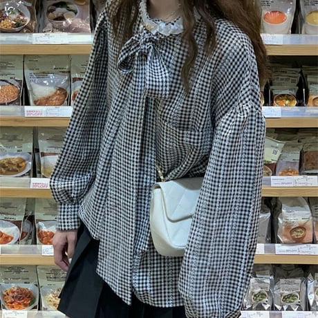 チェック柄 ブラウス ボウタイ リボン ルーズ 長袖 レトロ 韓国ファッション レディース 大人可愛い ガーリー フェミニン DTC-684117876396