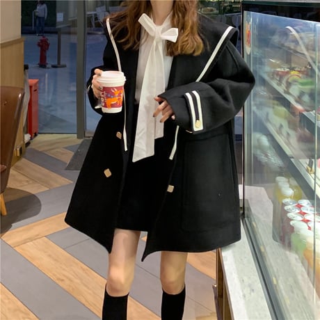 【アウター】 コート ウール ダブルブレスト ホワイト ブラック 長袖 韓国ファッション レディース ウーレンコート ルーズ ゆったり レトロ かわいい ガーリー 609785516275