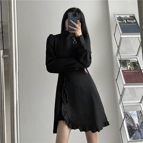 不規則デザイン ワンピース ハイウエスト ジッパー アシンメトリー 韓国ファッション レディース アシメ 無地 暗黒系 ダーク ガーリー DTC-634172142585