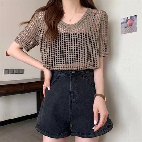 サマーニット メッシュ トップス プルオーバー tシャツ 透かし編み クルーネック ショート丈 レイヤードトップス 半袖 レトロ 大人可愛い ガーリー カジュアル DTCA-676945045996