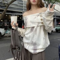 オフショルダー トップス 絞り染め ルーズ ボタン プルオーバー 長袖 レトロ 韓国ファッション レディース 大人可愛い ガーリー DTCA-993731580748