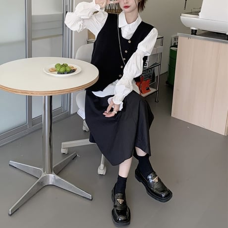 セットアップ 3点セット ブラウス ニットベスト ロングスカート アシンメトリー 不規則デザイン 長袖 レトロ 韓国ファッション レディース 大人可愛い ガーリー DTC-681737835293