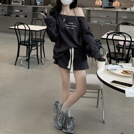 セットアップ 上下セット スエット オフショルダー トップス ミニスカート 長袖 レトロ 大人可愛い ガーリー カジュアル DTCA-845727065601