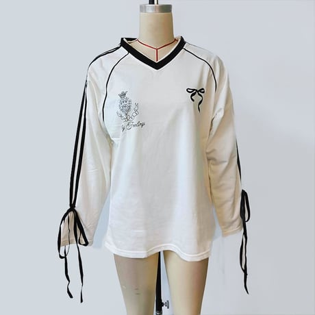 ユニフォーム風 トップス サイドライン リボン プルオーバー ロンT tシャツ Vネック オーバーサイズ ルーズ 長袖 レトロ 大人可愛い ガーリー カジュアル DTCA-839618355803