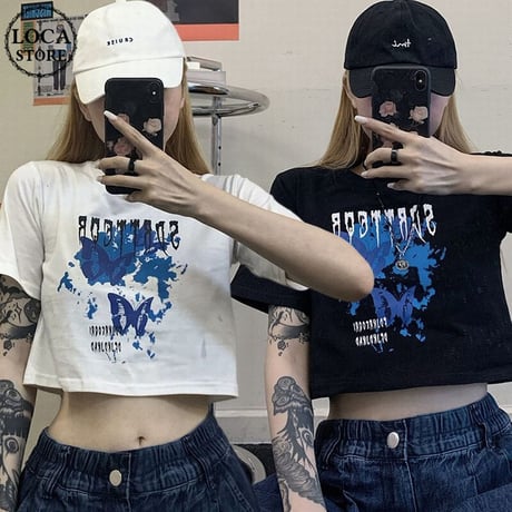 【2カラー】 Tシャツ バタフライ柄 クロップド丈 ショート丈 半袖 へそ出し レトロ 韓国ファッション レディース 大人可愛い ガーリー カジュアル ストリート系 DTC-618819881271
