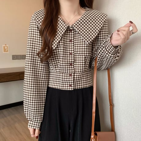 ブラウス風 ショートジャケット 千鳥格子 アウター ビッグカラー チェック柄 ジャケット ショート丈 レトロ 韓国ファッション レディース 大人可愛い ガーリー DTC-665439445191
