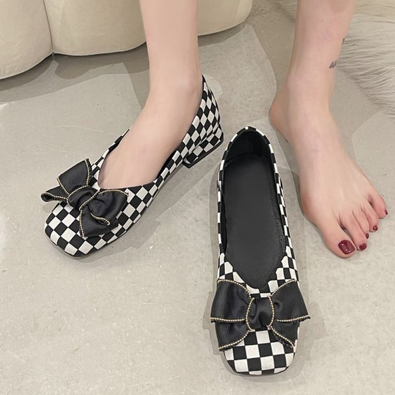 パンプス リボン 22.5~24.5cm ローヒール 無地 千鳥格子 パンプス リボン 22.5~24.5cm ローヒール 無地 千鳥格子