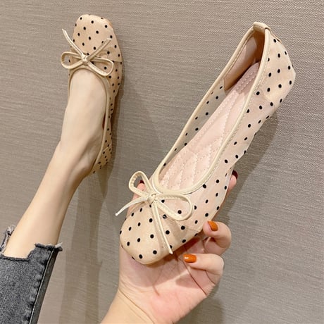 ドット柄 フラットパンプス メッシュ リボン フラットシューズ 22.5～25.5cm ローヒール パンプス 大人可愛い ガーリー 韓国ファッション レディース DTC-644142227857