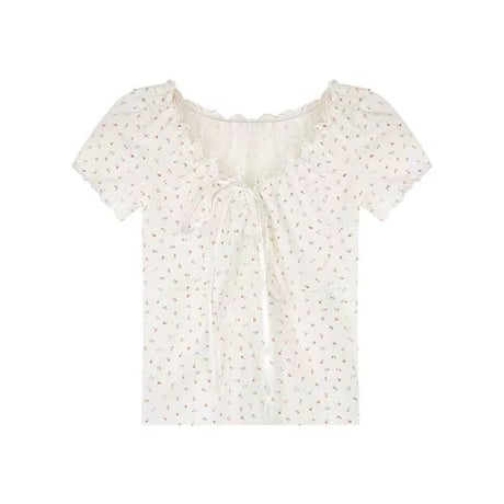 小花柄 ブラウス フリル リボン Tシャツ トップス ショート丈 スリムフィット レースアップ 半袖 レトロ 大人可愛い ガーリー カジュアル フェミニン DTCA-805742781968