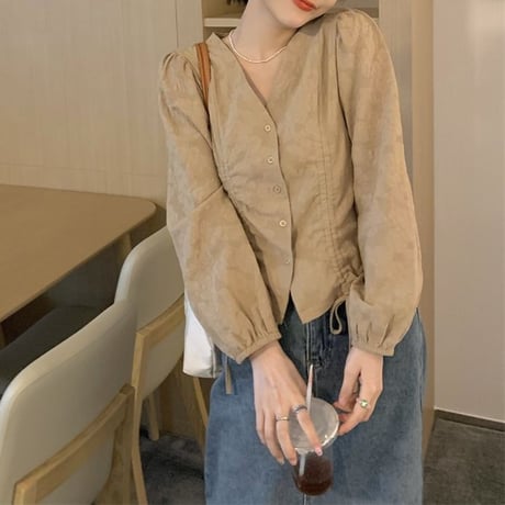 シャーリングブラウス カーキ ギャザー ブラウス Vネック パフスリーブ ショート丈 長袖 レトロ 韓国ファッション レディース 大人可愛い ガーリー DTC-700985956455_kk
