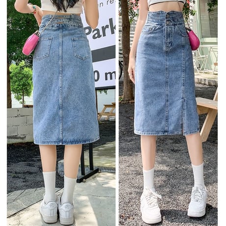 デニムスカート スリット 薄手 膝丈 ハイウエスト Aライン タイトスカート スカート レトロ 大人可愛い ガーリー カジュアル DTCA-725646006471