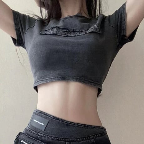 ヴィンテージ風 Tシャツ フロントロゴ コンパクトTシャツ クロップド丈 ショート丈 スリムフィット 半袖 クルーネック レトロ 大人可愛い ガーリー カジュアル DTCA-889190372134