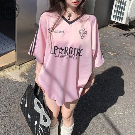 Tシャツ ユニフォーム風 サイドライン Vネック トップス 半袖 オーバーサイズ レトロ 韓国ファッション レディース 大人可愛い ガーリー スポーツミックス DTC-812444710826
