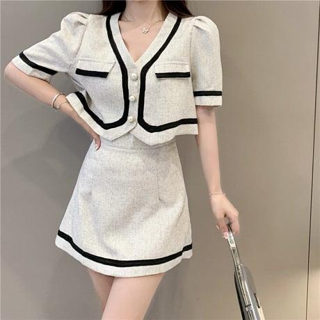 セットアップ ジャケット ＋ スカート 半袖 クロップド丈 韓国ファッション レディース 2点セット ミニスカート ハイウエスト 大人可愛い ガーリー DTC-646462258426