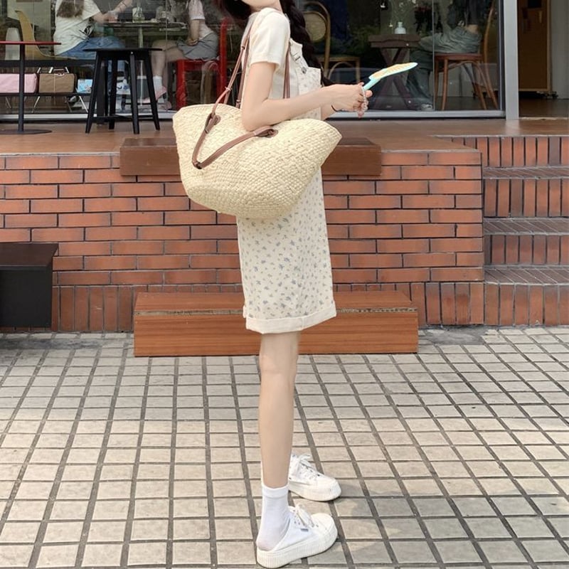 小花柄 デニム ショート丈 サロペット オーバーオール ハイ