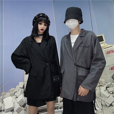 サイドベルト テーラードジャケット ユニセックス 韓国ファッション レディース メンズ シングルブレスト ルーズ ゆったり フォーマル 大人可愛い ガーリー DTC-625445762684