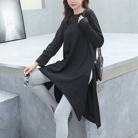 スリットTシャツ ロング丈 全3色 韓国ファッション レディース チュニック ワンピース ゆったり ラウンドネック 無地 ストリート (1RIRIT-025)