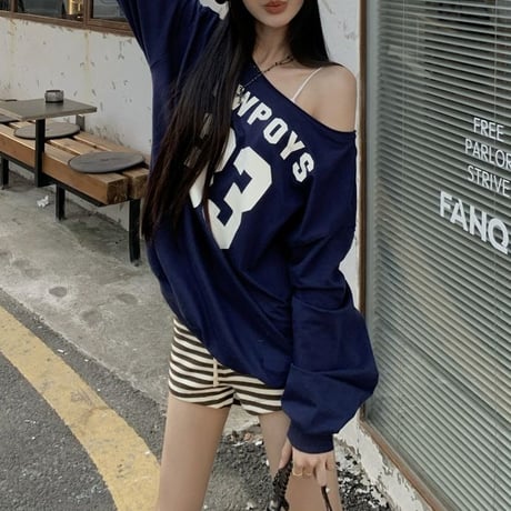 ロンT ワンショルダー ナンバーロゴ トップス オーバーサイズ tシャツ プルオーバー ゆったり 長袖 レトロ 大人可愛い ガーリー カジュアル DTCA-852707267778