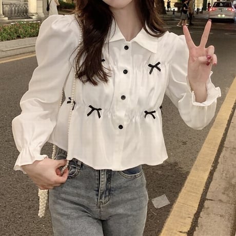 シャツ ブラウス ショート丈 リボン シャーリング 長袖 レトロ 韓国ファッション レディース 大人可愛い ガーリー フェミニン DTC-656433933514