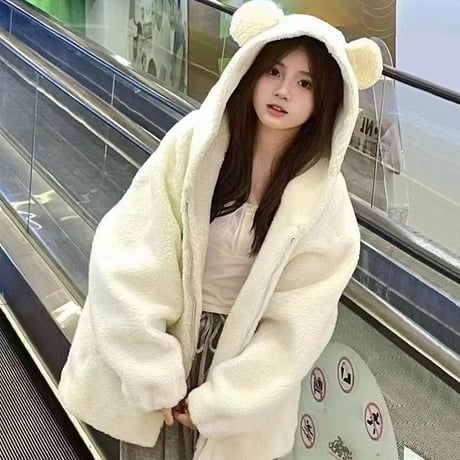 クマ耳 フード付き ボアブルゾン ファーブルゾン アウター ラムウール もこもこ 防寒 ゆったり ルーズ 長袖 冬 レトロ 大人可愛い ガーリー DTCA-831602266614