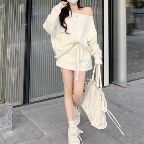 セットアップ 上下セット スエット オフショルダー トップス ミニスカート 長袖 レトロ 大人可愛い ガーリー カジュアル DTCA-845727065601