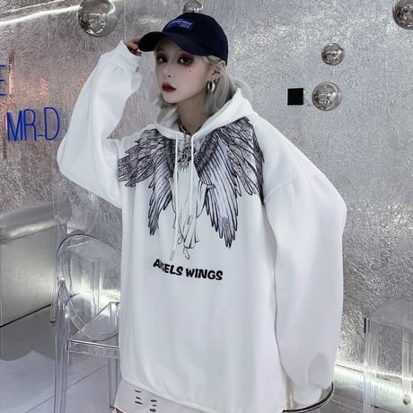 プルオーバー パーカー ユニセックス プラスベルベット 韓国ファッション メンズ レディース 天使 羽 プリント オーバーサイズ ストリート カジュアル DTC-604563611550