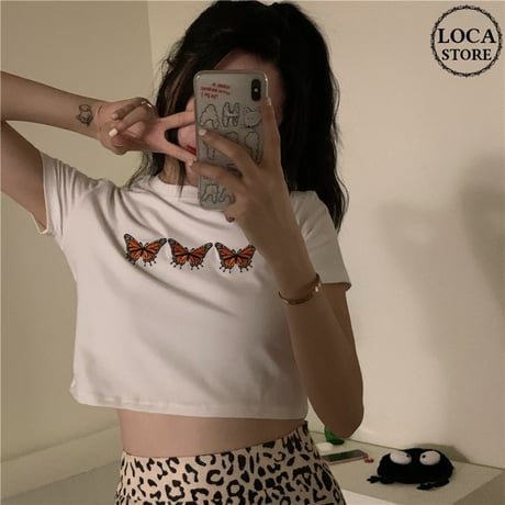 バタフライ Tシャツ 半袖 ショート丈 ホワイト 韓国ファッション レディース 蝶 白 かわいい ガーリー DTC-615764921313_wt