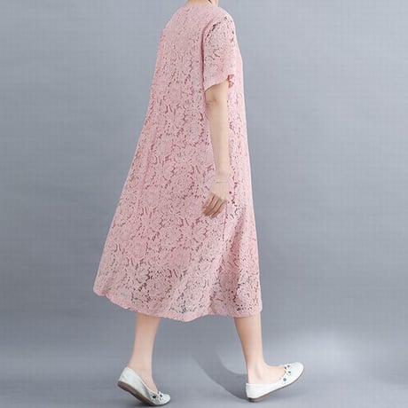 レディース 花柄レースワンピース フレア ロング 半袖フレアワンピース フェミニン 韓国ファッション (DCT-587692535096)