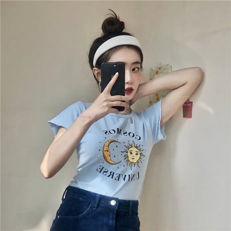 Tシャツ 半袖 袖切りっぱなし ショート丈 月と太陽 ブルー カジュアル レトロ  韓国ファッション レディース 大人可愛い ガーリー DTC-614247121002_bl