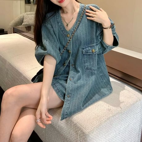 セットアップ デニム ノーカラージャケット ショートパンツ 半袖 ハイウエスト レトロ 韓国ファッション レディース 大人可愛い ガーリー カジュアル DTC-709104321762