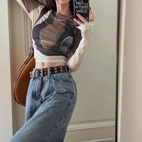 シアートップス 配色 薄手 Uネック シアーtシャツ tシャツ トップス ショート丈 スリムフィット 長袖 レトロ 大人可愛い ガーリー カジュアル DTCA-718107452786
