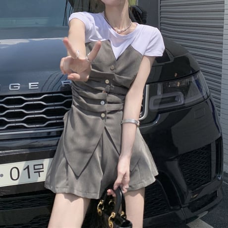 セットアップ フェイクレイヤードトップス ショートパンツ 半袖 ウエストゴム 2点セット レトロ 韓国ファッション レディース 大人可愛い ガーリー DTC-678960859657