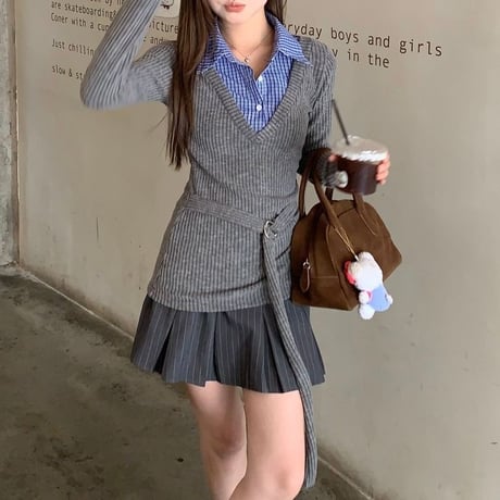 フェイクレイヤード ニット トップス チェック柄  シャツ レイヤードニット トップス スリムフィット 長袖 レトロ 大人可愛い ガーリー DTCA-849279750300