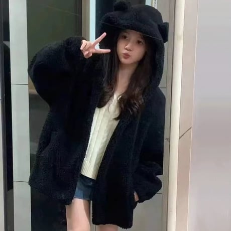 クマ耳 フード付き ボアブルゾン ファーブルゾン アウター ラムウール もこもこ 防寒 ゆったり ルーズ 長袖 冬 レトロ 大人可愛い ガーリー DTCA-831602266614