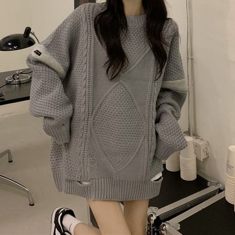 ダメージ加工 ニットセーター ダメージニット ニット ミックス編み ケーブル編み 長袖 レトロ 韓国ファッション レディース 大人可愛い ガーリー カジュアル DTC-665453440583