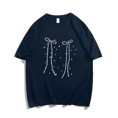 リボンプリント Tシャツ オーバーサイズ トップス ルーズ ゆったり 半袖 レトロ  大人可愛い ガーリー カジュアル フェミニン DTCA-780996917013