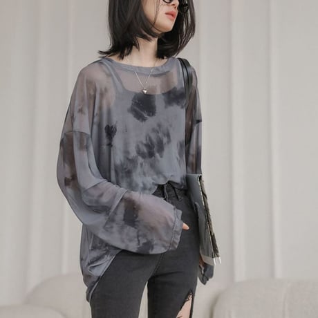 タイダイ柄 シアートップス 薄手 クルーネック シアーtシャツ シアー ロンt トップス ゆったり ルーズ 長袖 レトロ 大人可愛い ガーリー カジュアル DTCA-752157559217