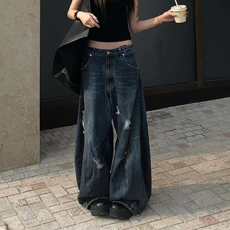 デニムパンツ ダメージ加工 ヴィンテージ風 ボトムス ハイウエスト デニ ジーンズム ワイドパンツ モップパンツ ルーズ レトロ 大人可愛い ガーリー カジュアル DTCA-839915277145