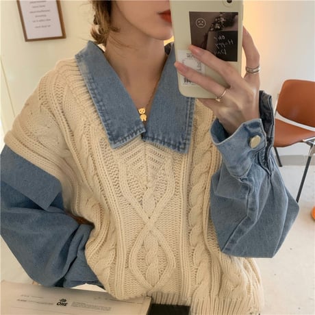 フェイクレイヤード ドッキングトップス デニムシャツ ニットベスト ケーブル編み ルーズ 長袖 韓国ファッション レディース 大人可愛い ガーリー カジュアル DTC-656075758245
