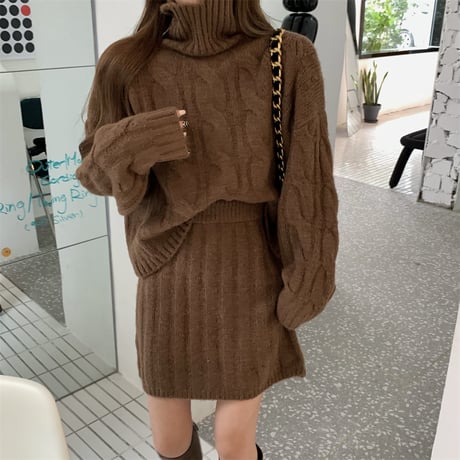 セットアップ タートルネック ニットセーター ニットスカート ケーブル編み ショート丈 クロップド 上下セット 韓国ファッション レディース 大人可愛い ガーリー DTC-659445801887