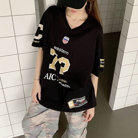 Tシャツ ユニフォーム風 Vネック オーバーサイズ トップス ビッグシルエット 半袖 レトロ 韓国ファッション レディース 大人可愛い ガーリー スポーツミックス DTC-802799667904