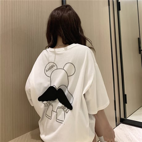 Tシャツ 半袖 スパンコール 羽 エンジェルくまちゃん シンプル ガーリー フェミニン カジュアル 韓国ファッション レディース 韓国ストリートファッション DTC-639357224388