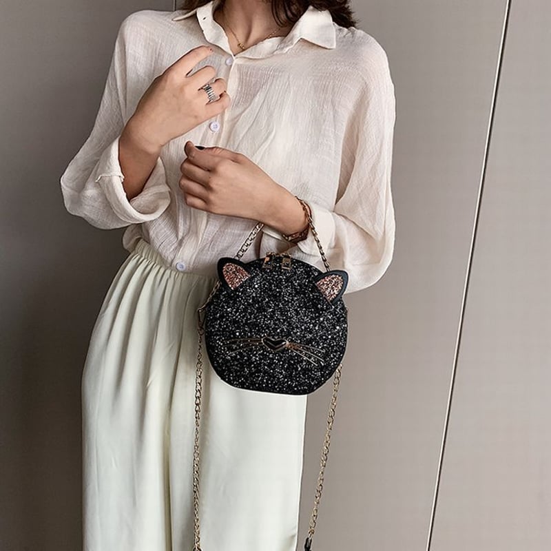 猫モチーフ スパンコール ショルダーバッグ ミニバッグ チェーン
