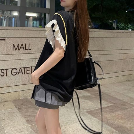 Tシャツ リボン さくらんぼプリント フライングスリーブ レース トップス 半袖 オーバーサイズ レトロ 韓国ファッション レディース 大人可愛い ガーリー DTC-809879124637