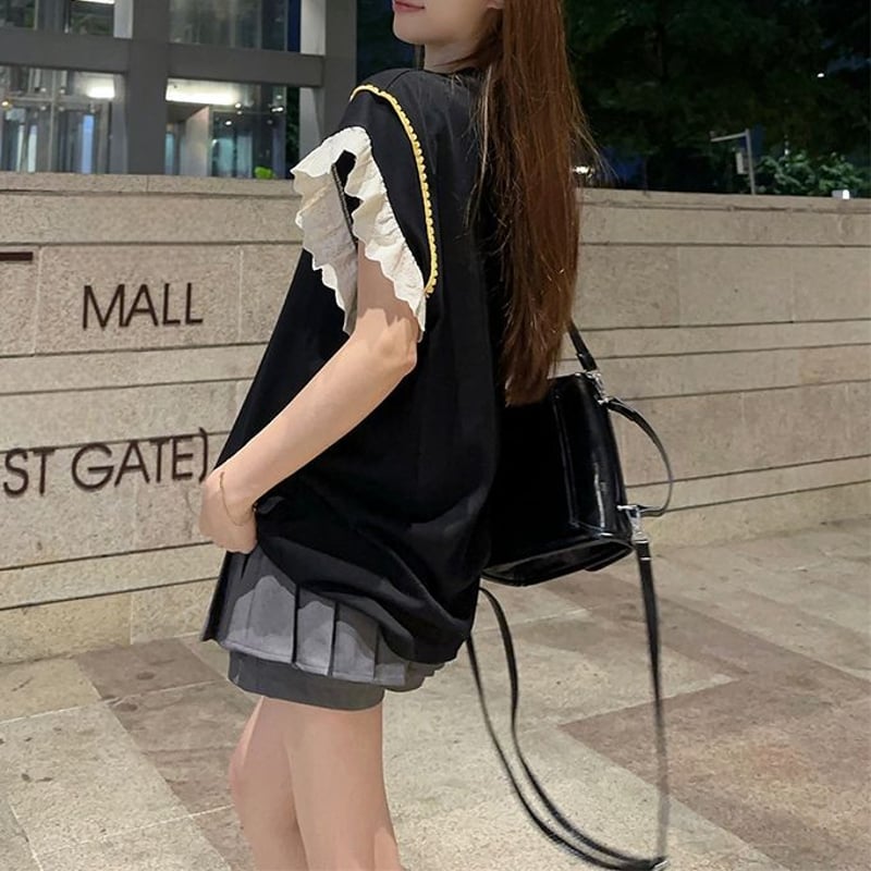 Tシャツ リボン さくらんぼプリント フライングスリーブ レース